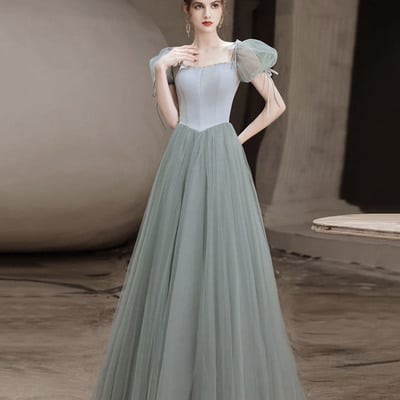 Green a-line tulle long prom dress, green graduation party dress - Thumbnail 1