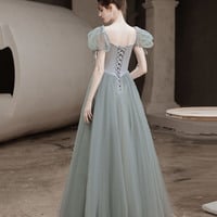 Green A-Line Tulle Long Prom Dress, Green Graduation Party Dress - Thumbnail 3