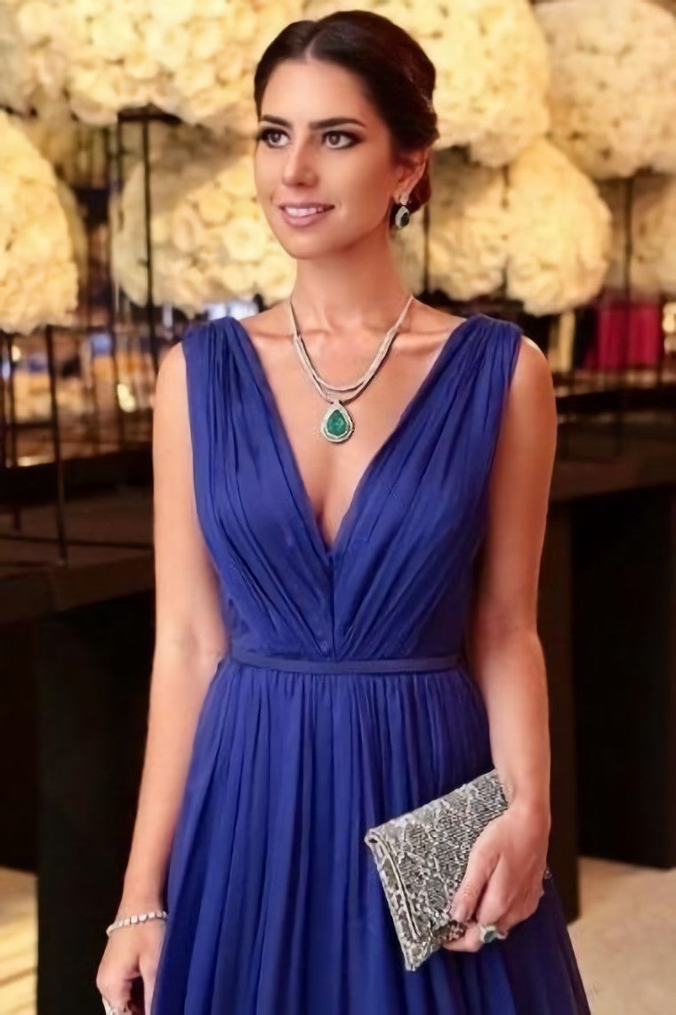 Purple V Neck A-Line Midi Length Vintage Evening Party Dresses, DP5756