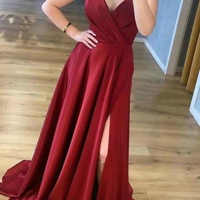 Spaghetti strap a line v neck burgundy prom dresses - Thumbnail 3