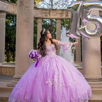 Princess Lavender V Neck Lace Up Ball Gown Lace Long Sleeves Quinceanera Dresses  - Thumbnail 1