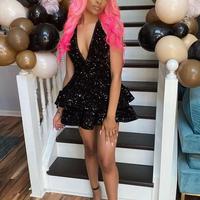 Sexy Halter Black Sequin Short Cocktail Dresses Open Back Graduation Gown  - Thumbnail 1