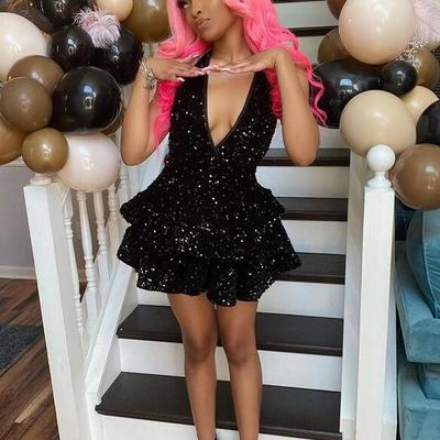 Sexy halter black sequin short cocktail dresses open back graduation gown  - Thumbnail 3