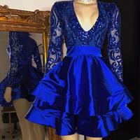 Sexy Royal Blue Satin Tiered Sequin Short Homecoming Dresses With Long Sleeves  - Thumbnail 1