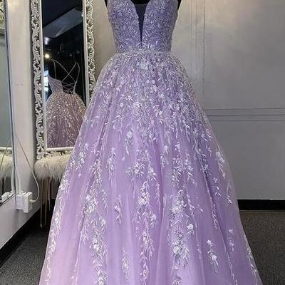 A line sparkly lace tulle long prom dress - Thumbnail 3
