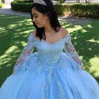 Princess V Neck Long Sleeves Ball Gown Sky Blue Party Dress With Lace Applique Sweet 16 Dress - Thumbnail 1