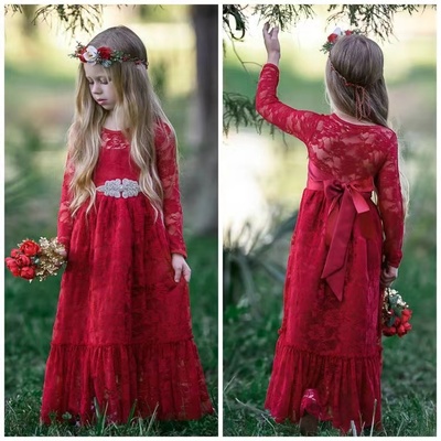 Red lace flower girl dresses floor length - Thumbnail 3