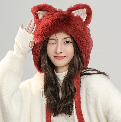 Fluffy fox ears knitted woolen hat