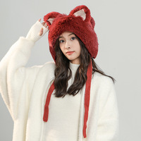 Fluffy fox ears knitted woolen hat - Thumbnail 1