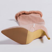 Faux Fur Trim Stiletto Heel Knee High Boots - Thumbnail 6