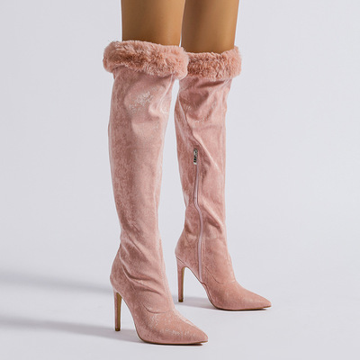 Faux fur trim stiletto heel knee high boots - Thumbnail 2