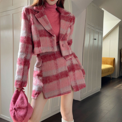 Korean girl women cute fashion plaid pattern hot pink red jacket coat top skirt two piece set - Thumbnail 4