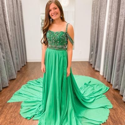 Charming a line straps green chiffon long prom dress with beading - Thumbnail 1