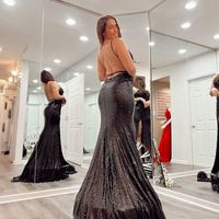 Charming Mermaid V Neck Black Sequins Long Prom Dresses - Thumbnail 2