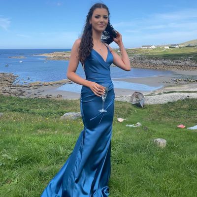 Charming mermaid v neck blue satin long prom dresses - Thumbnail 1
