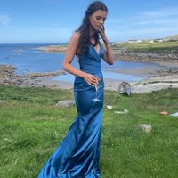 Charming Mermaid V Neck Blue Satin Long Prom Dresses - Thumbnail 1