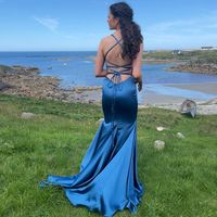 Charming Mermaid V Neck Blue Satin Long Prom Dresses - Thumbnail 2