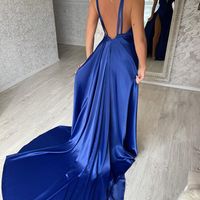 Sexy Mermaid V Neck Blue Satin Long Prom Dresses - Thumbnail 2