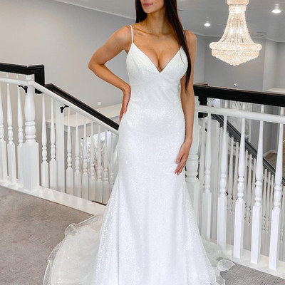 Charming mermaid v neck white sequins long wedding dresses