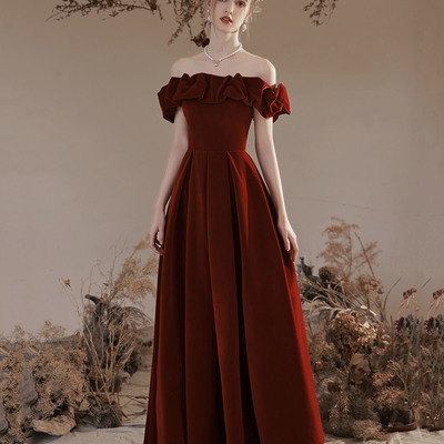 Burgundy velvet long a-line prom dress, off the shoulder evening dress - Thumbnail 2