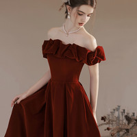 Burgundy Velvet Long A-Line Prom Dress, Off the Shoulder Evening Dress - Thumbnail 1
