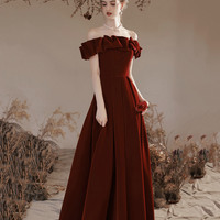 Burgundy Velvet Long A-Line Prom Dress, Off the Shoulder Evening Dress - Thumbnail 2