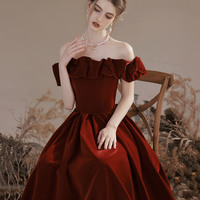 Burgundy Velvet Long A-Line Prom Dress, Off the Shoulder Evening Dress - Thumbnail 3