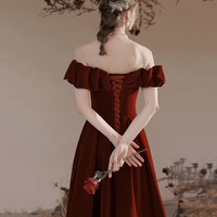 Burgundy Velvet Long A-Line Prom Dress, Off the Shoulder Evening Dress - Thumbnail 4