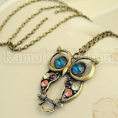 Retro vintage rhinestone crystal big owl pendant necklace