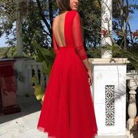 A Line Red Tea Length V Back Prom Dress - Thumbnail 1