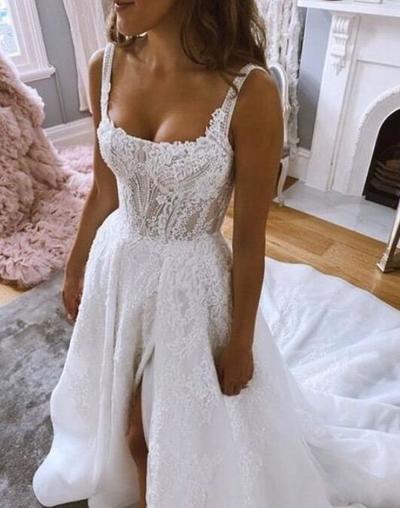 Gorgeous Mermaid Square Neck Split Wedding Dresses with Lace Appliques