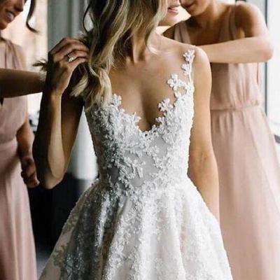 A line floral round neck lace bridal dress  - Thumbnail 1