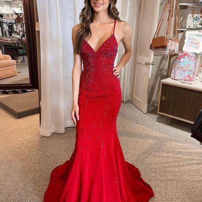 Charming mermaid v neck red satin long prom dresses with beading - Thumbnail 1