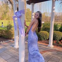 Cute Mermaid V Neck Lavender Lace Prom Dresses with Beading - Thumbnail 3