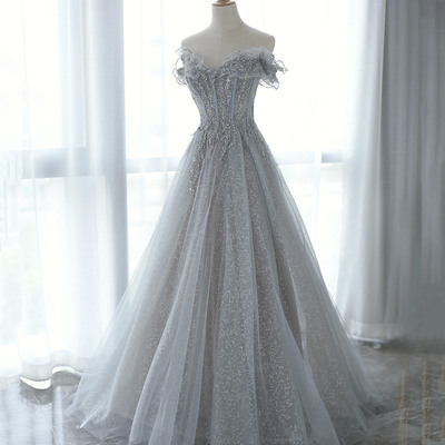 Gray tulle sequins long prom dress, a-line off the shoulder evening dress - Thumbnail 2