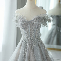 Gray Tulle Sequins Long Prom Dress, A-Line Off the Shoulder Evening Dress - Thumbnail 1