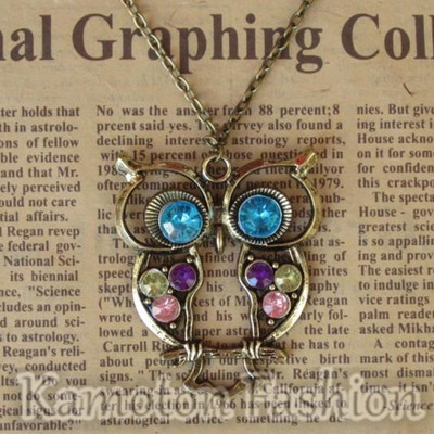 Retro vintage rhinestone crystal big owl pendant necklace