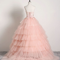Pink Ball Gown Tulle with Lace Sweet 16 Dresses, Long Quinceanera Dresses - Thumbnail 1