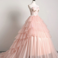 Pink Ball Gown Tulle with Lace Sweet 16 Dresses, Long Quinceanera Dresses - Thumbnail 2