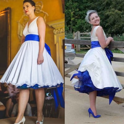 V neck v back wedding dresses with royal blue sash tea length - Thumbnail 2