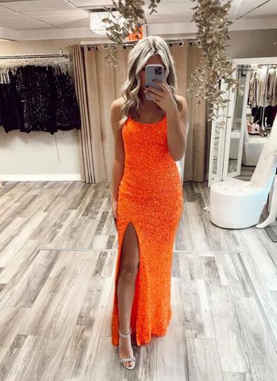 Mermaid Glitter Orange Sequin Long Prom Dress 