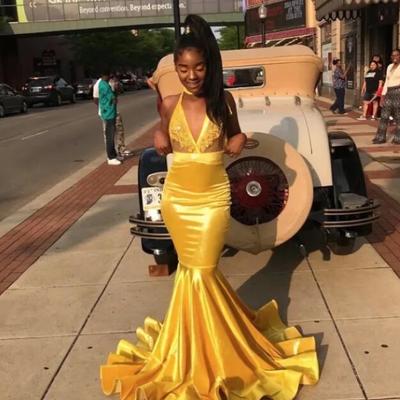 Gorgeous gold v-neck mermaid prom dresses with lace - Thumbnail 4