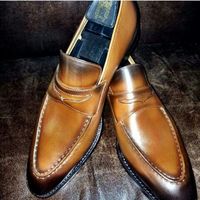 Decent Wear Men's Hand Stitch Brown Shoes, Genuine Leather Moccasin Loafer Style Formal Shoes - Thumbnail 1