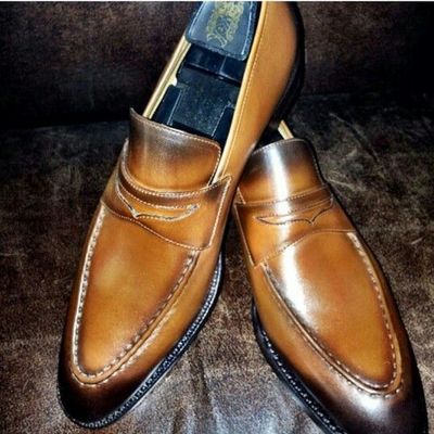 Decent wear men's hand stitch brown shoes, genuine leather moccasin loafer style formal shoes