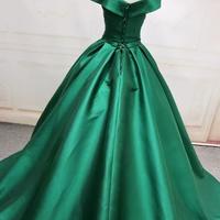 Off The Shoulde Green Satin V-neck Ball Gown Prom Dresses  - Thumbnail 1