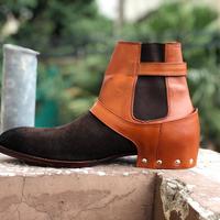 Handmade Ankle High Monk Strap Leather Boot, Men's Two Tone Suede Chelsea Boot - Thumbnail 1