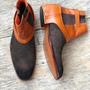 Handmade Ankle High Monk Strap Leather Boot, Men's Two Tone Suede Chelsea Boot-2