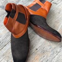 Handmade Ankle High Monk Strap Leather Boot, Men's Two Tone Suede Chelsea Boot - Thumbnail 3