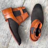 Handmade Ankle High Monk Strap Leather Boot, Men's Two Tone Suede Chelsea Boot - Thumbnail 4