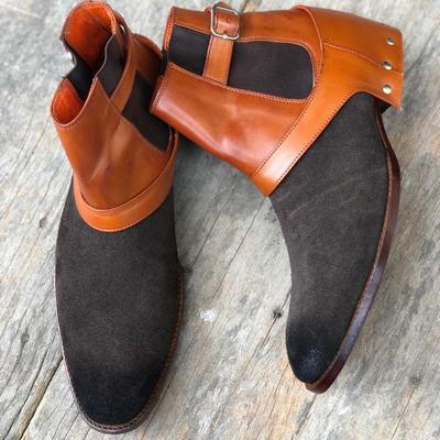 Handmade ankle high monk strap leather boot, men's two tone suede chelsea boot - Thumbnail 2